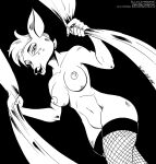  2021 anthro black_and_white black_background bojack_horseman breasts cervid charlotte_moore clothing dutch_angle female fishnet fishnet_legwear hi_res legwear legwear_only looking_at_viewer mammal monochrome mostly_nude netflix nipples portrait simple_background solo three-quarter_portrait tiquitoc 