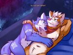  4:3 armpit_hair body_hair canid canine collar crossgender cuddling duo fox fox_mccloud humor krystal male male/male mammal neckerchief nintendo nipples nude spacce star_fox tattoo text ventkazemaru video_games whiskers 