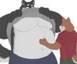  2020 anthro bottomwear canid canine clothed clothing clothing_lift duo fur green_bottomwear green_clothing grey_body grey_clothing grey_fur grey_shirt grey_tail grey_topwear hand_on_stomach looking_down male male/male mammal monotone_clothing monotone_shirt monotone_topwear nullraihigi obese overweight pecs red_clothing red_shirt red_topwear shirt shirt_lift topwear 