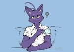  anthro beverage clothing domestic_cat felid feline felis fur inquisitive kori-nio looking_at_viewer male mammal morenatsu purple_body purple_fur shin_(morenatsu) shirt solo topwear video_games visual_novel yellow_eyes 