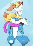  ambiguous_gender amphibian anthro blue_body braixen canid canine duo frog fur greninja hi_res inner_ear_fluff mammal nintendo pok&eacute;mon pok&eacute;mon_(species) simple_background sitting_on_shoulders stick tuft video_games winte yellow_body yellow_fur 