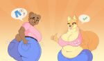  ? absurd_res anthro big_breasts big_butt blepwep bottomwear breasts butt canid canine canis cleavage clothed clothing denim denim_clothing domestic_dog duo female gesture hi_res holding_butt huge_butt jeans mammal mature_female obese overweight pants thick_thighs thumbs_up tongue tongue_out ursid 
