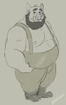  2021 anthro beard belly clothing facial_hair male mammal moobs nipples overalls overweight overweight_male pure_command simple_background solo suid suina sus_(pig) wild_boar 