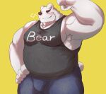  2020 anthro belly black_clothing black_shirt black_topwear clothed clothing eyebrows eyes_closed fist hand_on_hip male mammal nullraihigi obese overweight pecs polar_bear pose shirt simple_background tank_top text text_on_clothing text_on_shirt text_on_topwear thick_eyebrows topwear ursid ursine white_ears white_tail yellow_background 