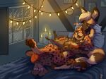  &lt;3 2021 3_toes 4:3 african_wild_dog anthro anthro_on_anthro barefoot bed bedding blanket bottomwear brown_body brown_fur brown_spots butt candle canid canine cheetah claws clothed clothing cuddling detailed_background digital_media_(artwork) dipstick_tail ear_tuft eyes_closed fairy_lights fangs feet felid feline female fire fur furniture hand_on_head happy head_tuft hi_res inner_ear_fluff inside juantriforce light lighting lynx male male/female male/male mammal marc_(theblueberrycarrots) midriff milo_(juantriforce) multicolored_tail on_bed orange_body orange_fur pawpads pillow pink_nose pink_pawpads polyamory reclining shaded shorts signature spots spotted_body spotted_fur stephie_(fraydia1) teeth toe_claws toes tongue trio tuft white_body white_fur white_spots window 