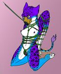  2d_(artwork) 2d_artwork 5:6 absurd_res anthro avian bdsm beak bird blue_body blue_fur body_harness bondage bound collar female fur green_rope gryphon harness hi_res kinkykaida leash leash_pull markings mythological_avian mythology no_shading odessa_storm pawpads paws purple_body purple_fur rope rope_bondage rope_harness simple_background solo spots spotted_markings white_body white_fur wings 