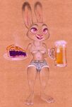  3_toes 4_fingers alcohol anthro barefoot beer beer_mug beverage bottomwear breasts buckteeth butt_from_the_front camel_toe claws clothing cutoffs denim denim_clothing dessert dipstick_ears disney feet female finger_claws fingers food fuchs hi_res judy_hopps lagomorph leporid mammal midriff multicolored_ears navel nipple_outline pie purple_eyes rabbit shorts simple_background smile solo standing teeth toe_claws toes traditional_media_(artwork) under_boob zootopia 