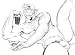  abs alcohol anthro armpit_hair balls baseball_cap beverage biceps body_hair butt chest_hair clothing dinosaur genitals hat headgear headwear hi_res kotia looking_at_viewer male monochrome muscular muscular_anthro muscular_male nude pecs penis reptile scalie smile solo solo_cup tagg taggcrossroad 