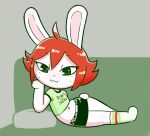  bottomwear clothed clothing disfigure female footwear freckles furniture hair kylie_(disfigure) lagomorph leporid lying mammal navel on_side on_sofa pillow rabbit red_hair shirt skirt socks sofa solo text text_on_clothing topwear 