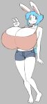  angstrom anthro big_breasts blue_eyes blue_hair blue_tail bottomwear breasts cleavage cleavage_overflow clothed clothing cutoffs denim denim_clothing female gesture hair huge_breasts hyper hyper_breasts lagomorph leporid mammal molly_(angstrom) rabbit scut_tail shirt shorts simple_background smile solo tank_top topwear v_sign white_body 