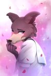 2021 2:3 anthro beastars blush canid canine canis clothing female flower_petals fur gradient_background hi_res juno_(beastars) lidded_eyes mammal netflix petals screencap_redraw simple_background smile solo white_clothing wolf yakovlev-vad 