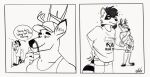  2021 anthro antlers baseball_cap beard bite biting_lip biting_own_lip black_and_white blep cervid clothed clothing comic delsol dialogue duo english_text eyebrows facial_hair fridge fur hair hat headgear headwear hi_res holding_object horn humor inner_ear_fluff looking_at_another male mammal milk monochrome narrowed_eyes procyonid raccoon romantic romantic_couple scratching self_bite shirt signature smile standing t-shirt tank_top text text_on_clothing text_on_shirt text_on_topwear the_truth tired tongue tongue_out topwear tuft underwear 