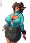  animal_humanoid big_breasts bottomwear bovid bovid_humanoid breasts brown_hair caprine caprine_humanoid cleavage clothed clothing eyewear female glasses goat_humanoid hair hi_res huge_breasts humanoid mammal mammal_humanoid simple_background skirt solo the_dogsmith white_background 