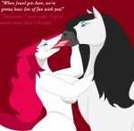  2015 absurd_res anthro bedroom_eyes bestiality bigboy4025_(artist) black_mane black_nose blue_eyes breasts duo english_text equid equine eyeshadow female female/female feral french_kissing hair hi_res horse kissing lipstick luna_mystique makeup mammal mane narrowed_eyes red_background red_hair red_text roxanne_bubbles seductive sergal simple_background text tongue tongue_out white_body white_text 
