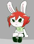  clothing disfigure female footwear freckles green_eyes hair kylie_(disfigure) lagomorph leporid mammal rabbit red_hair shirt shoes simple_background sitting solo text text_on_clothing topwear 
