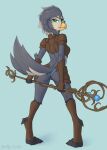 anthro armor avian beak bird butt clothing evilymasterful feathers female leather leather_armor panties rear_view solo staff tail_feathers talons underwear 