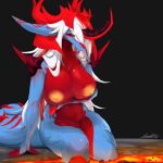  1:1 absurd_res anthro big_breasts blush breasts claws dragon female fur gold_nipples hair hi_res horn hybrid lava looking_at_viewer mammal nipples nude ranadi red_eyes simple_background solo 