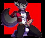  2019 abs anthro athletic athletic_anthro athletic_male balls barefoot belt big_penis black_bottomwear black_clothing black_hair black_nose black_pants blackbear blue_eyes bottomwear brown_belt canid canine canis chest_exposed claws clothed clothing collar countershade_torso countershading dipstick_tail erection eyebrow_piercing facial_hair facial_piercing facial_scar feet fingerless_gloves fluffy fluffy_tail fur genitals gesture gloves grey_body grey_fur hair handwear holding_penis humanoid_genitalia humanoid_penis jacket leather leather_bottomwear leather_clothing leather_daddy leather_pants male mammal midriff multicolored_body multicolored_fur multicolored_tail open_clothing open_jacket open_topwear pants penis piercing pink_tongue plantigrade pointing pointing_at_penis red_clothing red_jacket red_topwear roussel scar scarf sharp_teeth sideburns solo spiked_collar spikes teeth tongue topwear two_tone_body two_tone_fur vein veiny_penis white_body white_fur wolf 