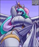  anthro anthrofied big_breasts bite biting_lip black_border border breasts cleavage clothed clothing clothing_lift curvy_figure dress dress_lift duase equid equine female friendship_is_magic genitals hasbro hi_res horn huge_breasts huge_thighs low-angle_view mammal my_little_pony no_underwear princess_celestia_(mlp) pussy solo standing thick_thighs unicorn voluptuous wide_hips 