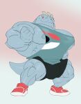  absurd_res anthro big_muscles big_pecs bottomwear bulge clothing footwear hi_res machoke male muscular muscular_anthro muscular_male nintendo nipples pecs pok&eacute;mon pok&eacute;mon_(species) ripped-saurian shirt shoes shorts solo standing tank_top topwear video_games 