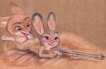  absurd_res anthro buckteeth butt canid canine dipstick_ears disney duo feet female fox fuchs green_eyes gun hi_res holding_gun holding_object holding_weapon judy_hopps lagomorph leporid licking lying male male/female mammal multicolored_ears nick_wilde nude on_front purple_eyes rabbit ranged_weapon scut_tail simple_background soles teeth tongue tongue_out traditional_media_(artwork) weapon zootopia 