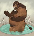  2021 anthro balls bathing belly broody brown_body brown_fur flaccid fur genitals male mammal moobs musclegut nipples overweight overweight_male penis pure_command solo suid suina sus_(pig) water wild_boar 