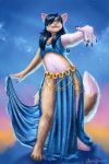  anthro belly_dancer belly_dancer_outfit black_hair claws clothed clothing dancing digital_media_(artwork) domestic_cat felid feline felis fur glitter hair hi_res jakeseeker looking_at_viewer male mammal silk simple_background sky smile solo standing star starry_sky topwear wide_hips 