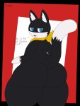  2021 3:4 ambiguous_gender anthro atlus bandanna big_butt black_background black_body black_fur blue_eyes butt dialogue digital_drawing_(artwork) digital_media_(artwork) dipstick_tail domestic_cat english_text fangs felid feline felis fur hi_res huge_butt inner_ear_fluff kerchief looking_at_butt looking_back mammal megami_tensei megami_tensei_persona morgana_(persona) multicolored_body multicolored_fur multicolored_tail neckerchief rear_view red_background signature simple_background solo text thick_thighs tuft video_games white_background white_body white_fur whyra wide_hips yellow_bandanna yellow_kerchief yellow_neckerchief 