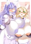  5_fingers absurd_res accidental_exposure anthro apron areola belly big_breasts blonde_hair blue_body blue_eyes blue_fur blue_hair blush breasts canid canine clothing curvy_figure cute_fangs dipstick_ears duo embarrassed female female/female fingers fox fur ginko0101 green_eyes hair hi_res huge_breasts kemono lily_mari long_hair mammal mostly_nude multicolored_ears navel nipples open_mouth tongue voluptuous white_body white_fur 