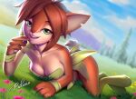  activision anthro bedroom_eyes breasts brown_hair cleavage clothed clothing dress elora faun_(spyro) female grass green_eyes hair hooves looking_at_viewer lying narrowed_eyes on_front open_mouth outside pakwan008 plant seductive signature smile solo spyro_the_dragon video_games 