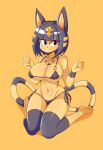  absurd_res animal_crossing ankha_(animal_crossing) anthro big_breasts bikini breasts cleavage clothed clothing domestic_cat felid feline felis female hi_res lucyfercomic mammal nintendo orange_background side-tie_bikini simple_background solo swimwear video_games wide_hips yellow_body 