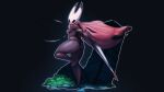  16:9 anthro arthropod black_background black_body blade blood blush bodily_fluids breasts butt cape clothing digital_media_(artwork) female hi_res hollow_knight hornet_(hollow_knight) kawfee looking_at_viewer melee_weapon mostly_nude nipples non-mammal_breasts not_furry on_one_leg shaded signature simple_background solo standing sword team_cherry thick_thighs video_games weapon widescreen 