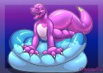  absurd_res animate_inanimate anthro aradortd bed bodily_fluids cum dinosaur ejaculation furniture genital_fluids happy hi_res inflatable living_inflatable male orgasm pool_toy reptile scalie simple_background solo squeaky theropod tyrannosaurid tyrannosaurus tyrannosaurus_rex zoran 