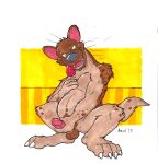  2013 anthro azul_(artist) balls bedknobs_and_broomsticks brown_body brown_fur crouching disney erection front_view full-length_portrait fur genitals hand_on_chest holding_penis humanoid_genitalia humanoid_penis hyaenid hyena_(bedknobs_and_broomsticks) looking_at_viewer male mammal masturbation nude penile penile_masturbation penis portrait solo spotted_hyena tongue tongue_out 