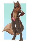  2019 animal_genitalia animal_penis anthro balls biped brown_body brown_fur canid canine canine_penis digital_media_(artwork) erection fur genitals hi_res holding_penis knot looking_at_viewer male mammal maned_wolf mocha-wing navel nude penis simple_background solo standing wraps wrist_wraps 