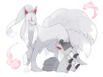  2021 9_tails ambiguous_gender dipstick_tail duo fak&eacute;mon feral fur grey_body grey_fur hair hair_over_eye hi_res kame_3 multi_tail multicolored_tail ninetales nintendo one_eye_obstructed pawpads paws pok&eacute;mon pok&eacute;mon_(species) simple_background sitting smile video_games vulpix white_body white_fur white_hair 