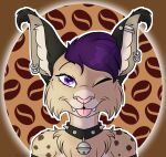  2021 anthro collar digital_media_(artwork) ear_piercing ear_ring felid feline female fur grumpy_griffin_creations hair hi_res industrial_piercing looking_at_viewer lynx mammal one_eye_closed piercing simple_background smile solo tongue wink 