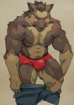  abs absurd_res anthro bottomwear brown_body brown_fur brown_hair bulge canid canine canis clothed clothing domestic_dog fur german_shepherd hair herding_dog hi_res looking_at_viewer male mammal multicolored_body muscular muscular_male nipples open_bottomwear open_clothing open_pants pants pastoral_dog pecs red_clothing red_underwear simple_background solo topless tos_tos_f_ski two_tone_body underwear yellow_eyes 