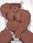  2021 absurd_res anthro asian_clothing bed belly black_nose bodily_fluids brown_body brown_fur bulge canid canine clothing east_asian_clothing fundoshi fur furniture genital_fluids hi_res humanoid_hands japanese_clothing kemono lying male mammal moobs musclegut navel nipples overweight overweight_male piero03432812 precum precum_through_clothing precum_through_underwear solo underwear wet wet_clothing white_clothing white_fundoshi white_underwear 