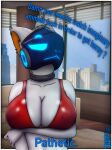  2021 absurd_res anthro bra breasts cleavage clothed clothing collar detailed_background dialogue english_text female fur hi_res humor inside jana&#039;s_lab jana_(jana&#039;s_lab) machine protogen red_clothing solo text underwear visor white_body white_fur 