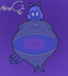  blue_background blue_body blue_eyes blue_hooves blue_horn blue_skin blue_tail blueberry_inflation clothing helluva_boss hi_res hooves horn human imp male mammal moxxie_(vivzmind) obese overweight simple_background solo tguy78 tracksuit 