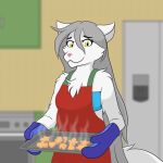  1:1 anthro apron arctic_wolf canid canine canis clothing cookie female food handwear hi_res kitchen mammal oven_mitts raine_silverlock sharkinwaves solo twokinds webcomic wolf 