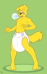  anthro blonde_hair blue_eyes bodily_fluids canid canine cuddlehooves diaper digital_media_(artwork) eyewear fur genital_fluids glasses green_background hair hi_res knock-kneed male mammal omorashi padded padding peeing sagging sagging_diaper saggy short_hair simple_background soggy_diaper solo surprise urine wet wet_diaper wetting wetting_diaper yellow_body yellow_fur 