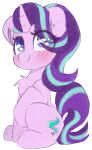  2019 blue_eyes blush chest_tuft cutie_mark equid equine female feral friendship_is_magic fur hi_res horn itsspoopsb looking_up mammal my_little_pony pink_body pink_fur simple_background sitting smile solo starlight_glimmer_(mlp) tuft unicorn white_background young 