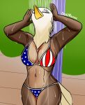  2021 5_fingers abs accipitrid accipitriform anthro athletic athletic_anthro athletic_female avian bald_eagle beak big_breasts biped bird black_eyebrows black_eyelashes bottomwear bra breasts brown_body brown_feathers cleavage clothed clothing curvy_figure deskmaniac digital_media_(artwork) dripping_wet eagle eyebrows eyes_closed feathers female fingers front_view fully_clothed hi_res hourglass_figure humanoid_hands midriff multicolored_body multicolored_feathers navel navel_piercing non-mammal_breasts panties piercing pinup pose rinsing sea_eagle shaded shower signature solo stars_and_stripes tail_feathers thick_thighs topwear two_tone_body two_tone_feathers underwear united_states_of_america water wet white_body white_feathers white_tail wide_hips yellow_beak 