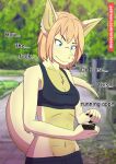  2021 angry anthro artoonu belly blonde_hair blue_eyes bottomwear bra clothing comic dialogue dragon female fur furred_dragon gym_bottomwear gym_clothing gym_shorts hair hi_res holding_object holding_phone muscular navel outside park phone shorts signature solo sports_bra sportswear text underwear yellow_body yellow_fur 