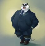  2021 anthro black_body black_nose clothing eyewear giant_panda glasses izvy_(artist) male mammal necktie overweight overweight_male shirt simple_background solo topwear ursid white_body 