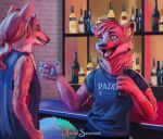  alcohol anthro bar beverage bodypaint canid canine claws clothed clothing detailed_background dialogue digital_media_(artwork) duo face_paint fingers fox friends fur gulonine hair holding_object invalid_tag jakeseeker male mammal marten mustelid musteline neon_lights open_mouth pine_marten pub relaxing smile soda_bottle teeth 
