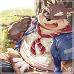  1:1 2021 anthro belly blush bottomwear canid canine canis clothing cute_fangs detailed_background domestic_dog hinami humanoid_hands kemono male mammal moritaka one_eye_closed onigiri outside overweight overweight_male plant scar shirt shorts sitting solo tokyo_afterschool_summoners topwear tree video_games wink 