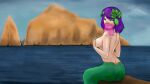  accessory belly_dancer_outfit bo4a female flower flower_in_hair grape green_body green_eyes hair hair_accessory hairpin hi_res humanoid marine merfolk mountain plant purple_hair sea solo split_form water 